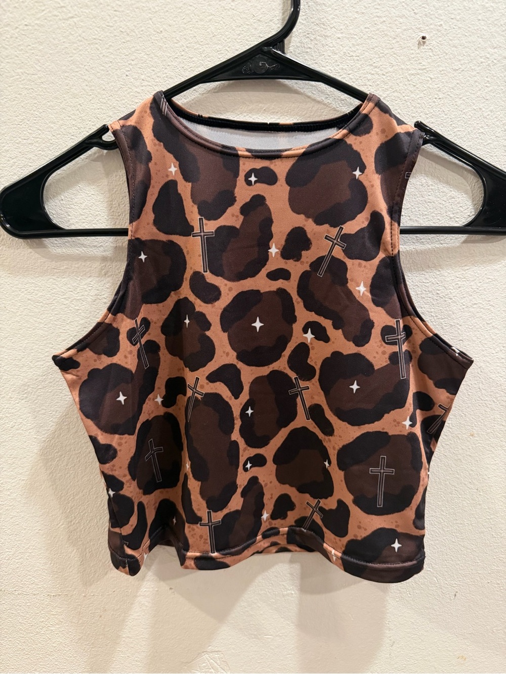 Wild faith Brown Leopard Print Cropped Tank Top with Cross